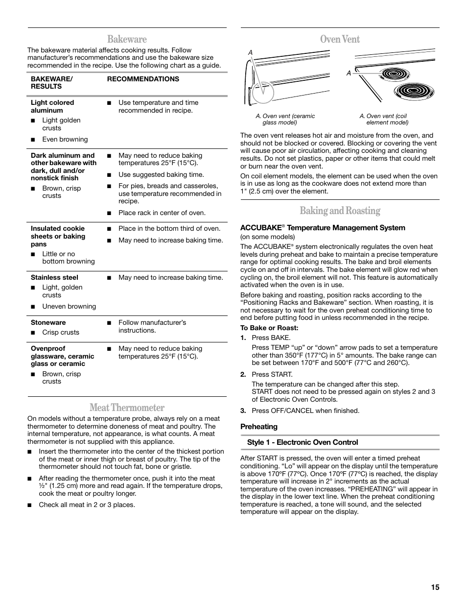 Bakeware, Meat thermometer, Oven vent | Baking and roasting | Whirlpool 9761862 User Manual | Page 15 / 28