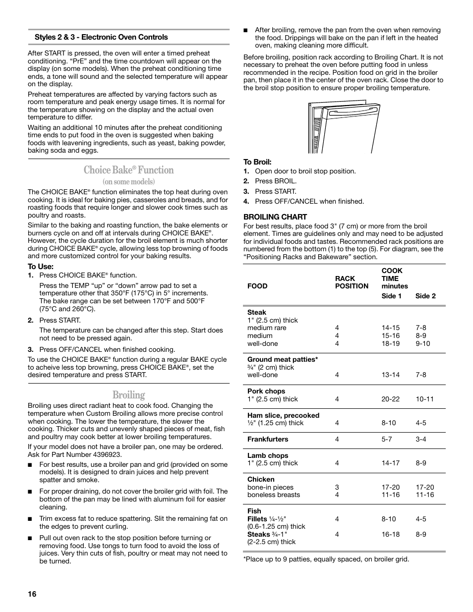 Choice bake, Function, Broiling | Whirlpool 9761862 User Manual | Page 16 / 28