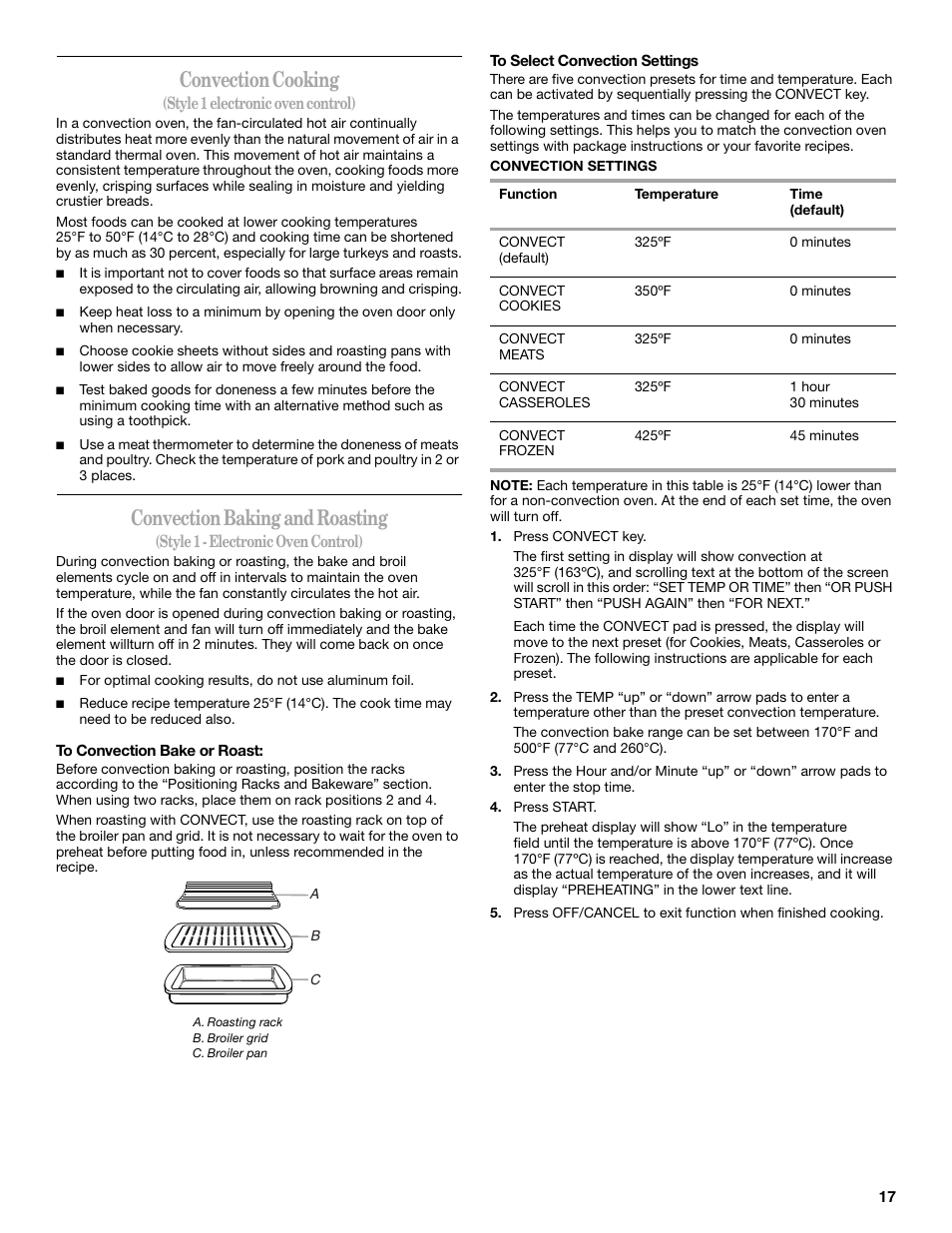 Convection cooking, Convection baking and roasting | Whirlpool 9761862 User Manual | Page 17 / 28