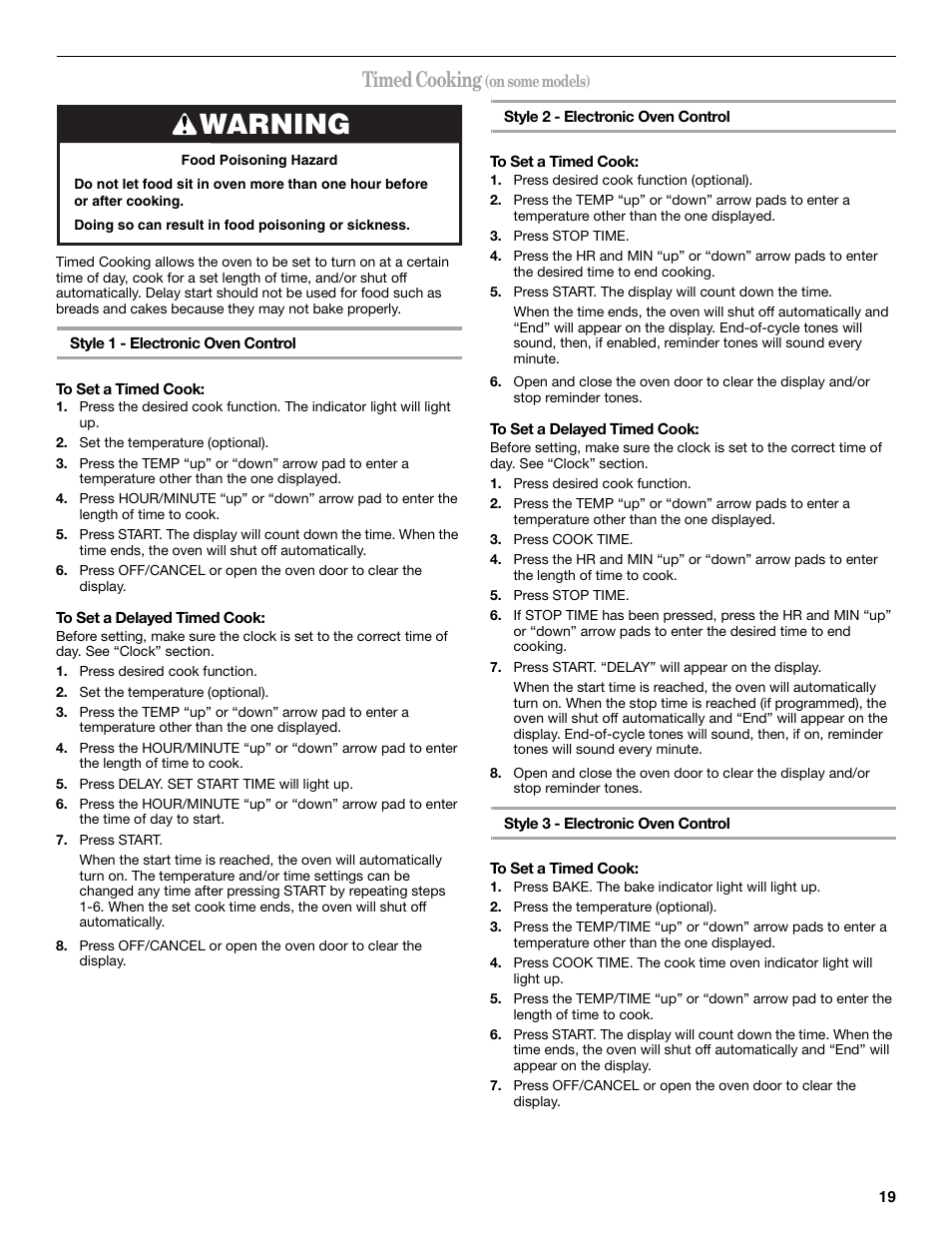 Warning, Timed cooking | Whirlpool 9761862 User Manual | Page 19 / 28