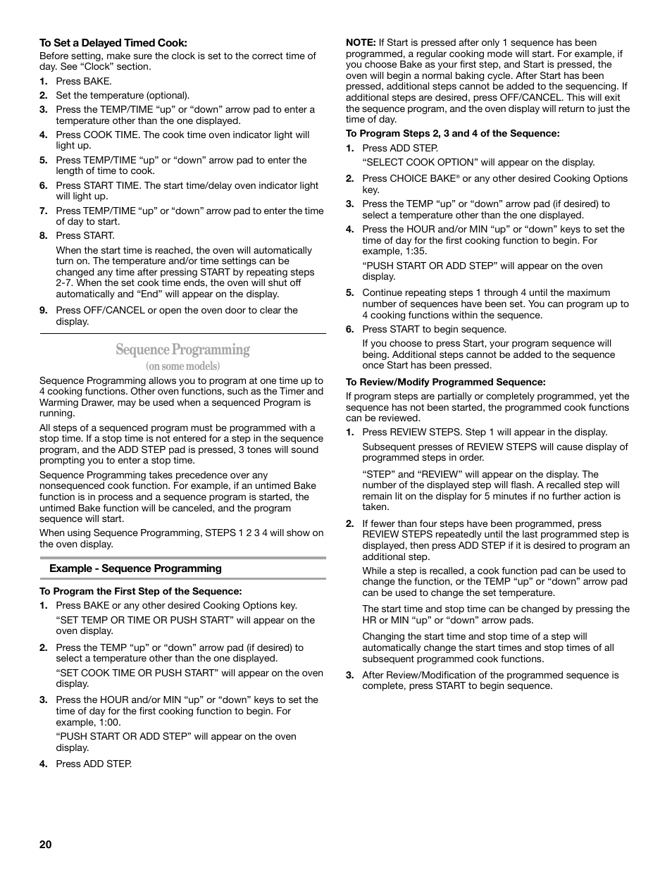 Sequence programming | Whirlpool 9761862 User Manual | Page 20 / 28