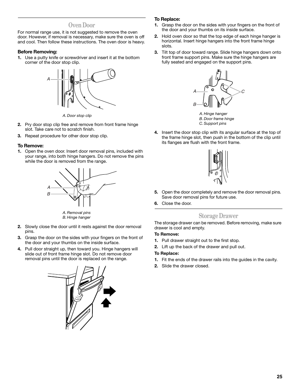 Oven door, Storage drawer | Whirlpool 9761862 User Manual | Page 25 / 28