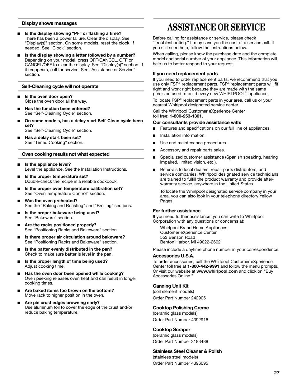 Assistance or service | Whirlpool 9761862 User Manual | Page 27 / 28