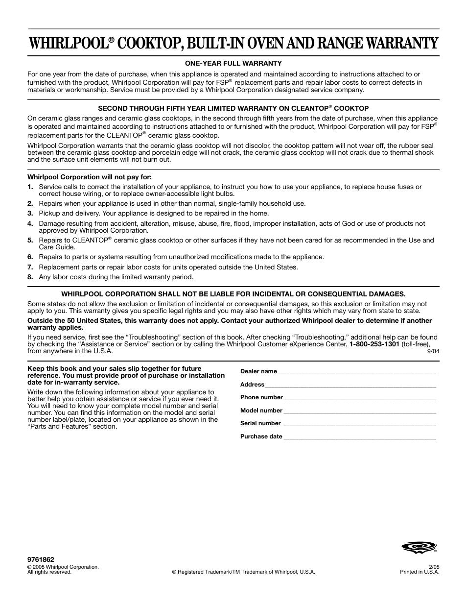 Whirlpool, Cooktop, built-in oven and range warranty | Whirlpool 9761862 User Manual | Page 28 / 28