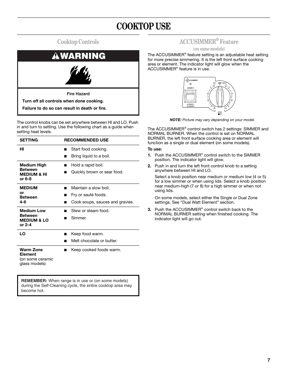 Cooktop use, Warning, Cooktop controls | Accusimmer, Feature | Whirlpool 9761862 User Manual | Page 7 / 28