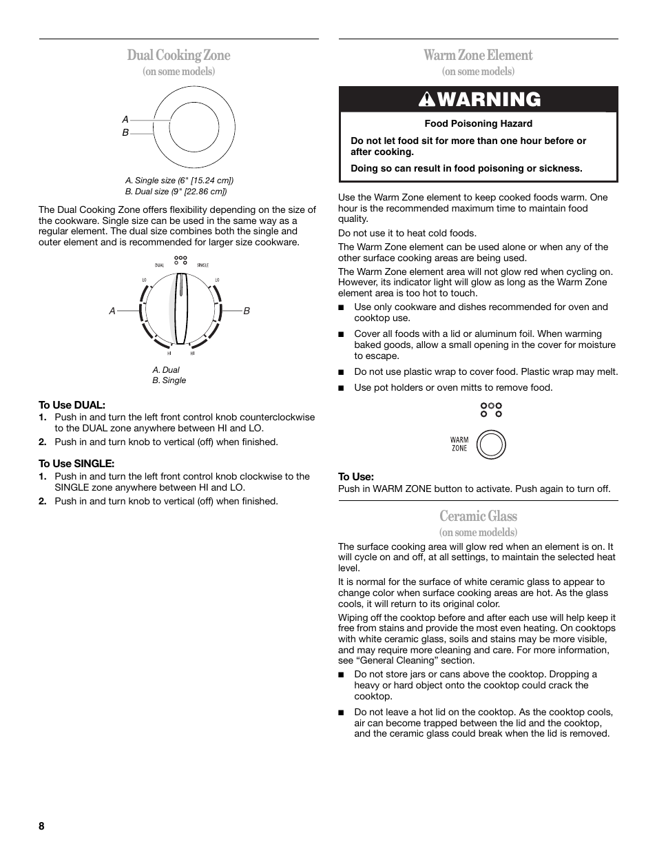 Warning, Dual cooking zone, Warm zone element | Ceramic glass | Whirlpool 9761862 User Manual | Page 8 / 28