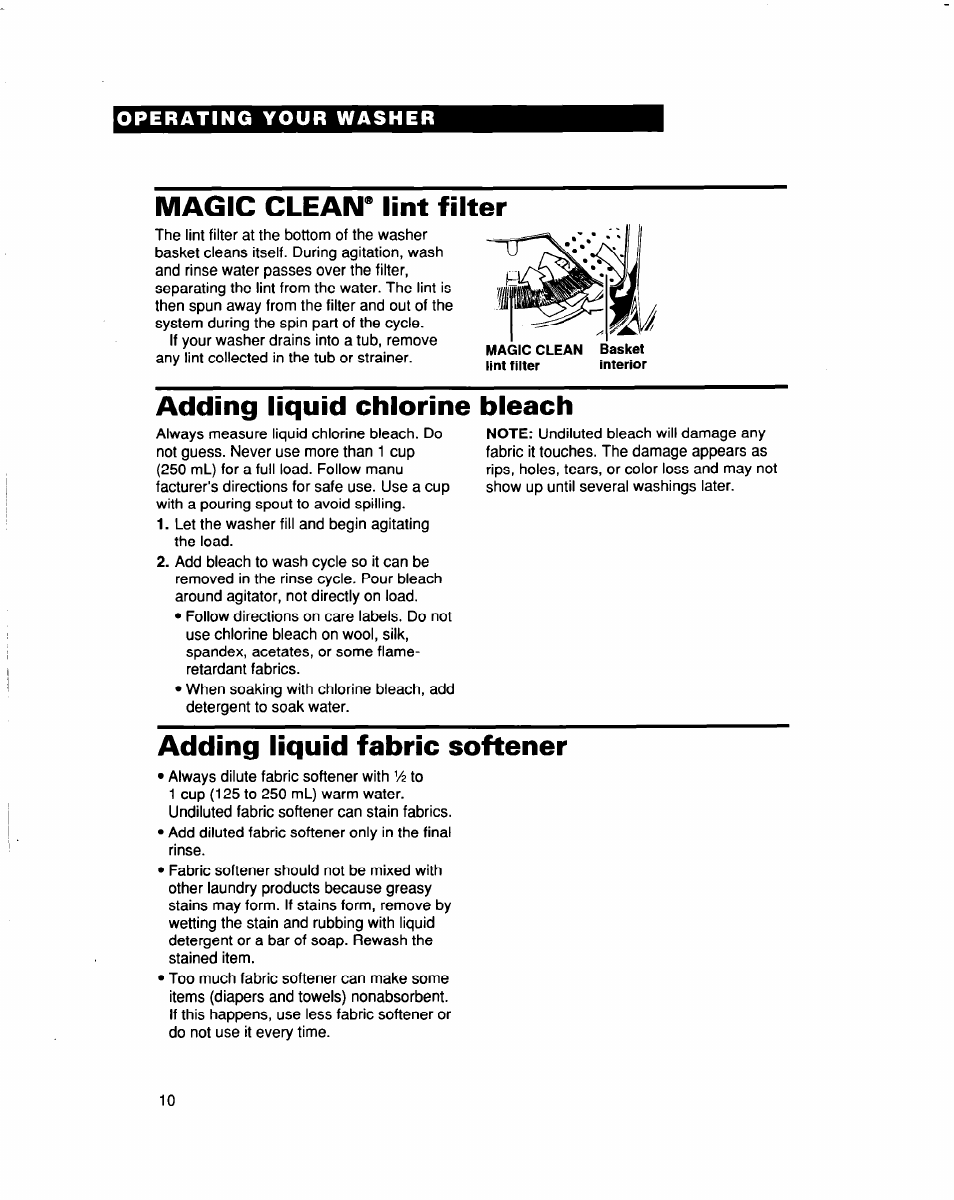 Magic clean® lint filter, Adding liquid chlorine bleach, Adding liquid fabric softener | Whirlpool LBR6133DQ0 User Manual | Page 10 / 22