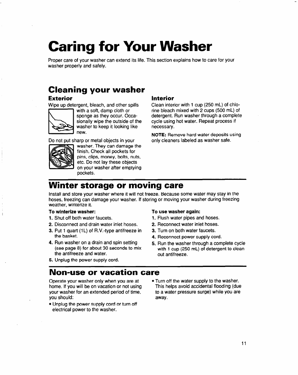 Caring for your washer, Cleaning your washer, Exterior | Interior, Winter storage or moving care, Non-use or vacation care | Whirlpool LBR6133DQ0 User Manual | Page 11 / 22