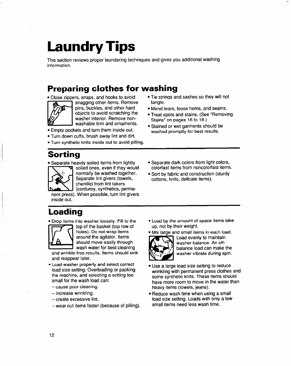 Laundry tips, Preparing clothes for washing, Sorting | Loading | Whirlpool LBR6133DQ0 User Manual | Page 12 / 22