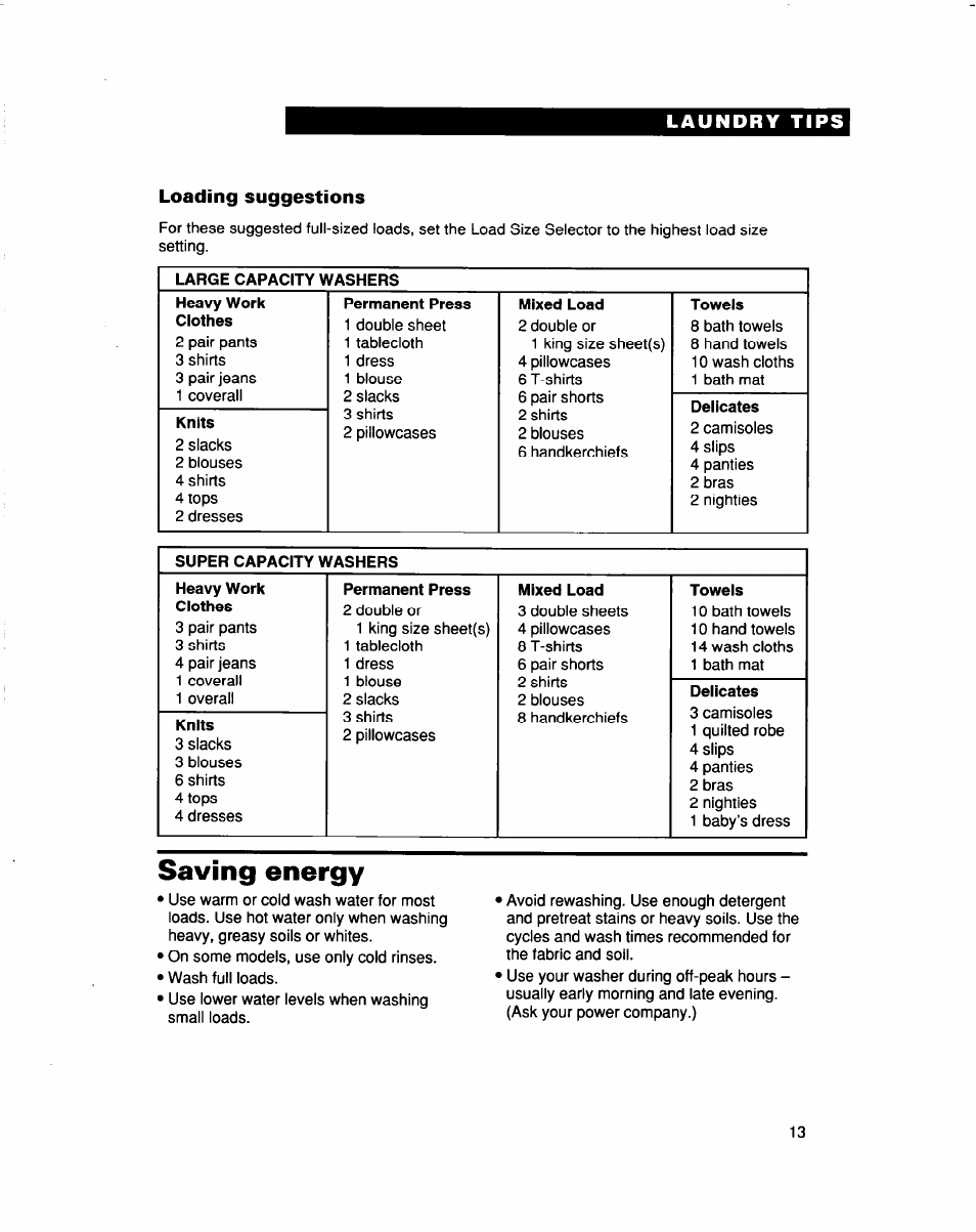 Loading suggestions, Saving energy | Whirlpool LBR6133DQ0 User Manual | Page 13 / 22