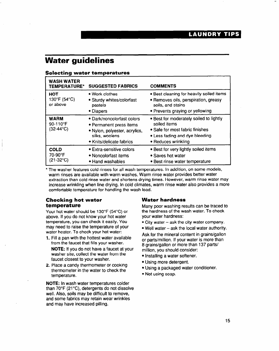 Water guidelines, Selecting water temperatures, Checking hot water temperature | Water hardness | Whirlpool LBR6133DQ0 User Manual | Page 15 / 22