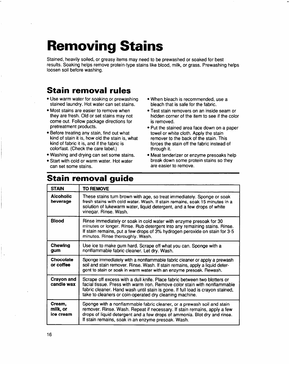Removing stains, Stain removal rules, Stain removal guide | Whirlpool LBR6133DQ0 User Manual | Page 16 / 22
