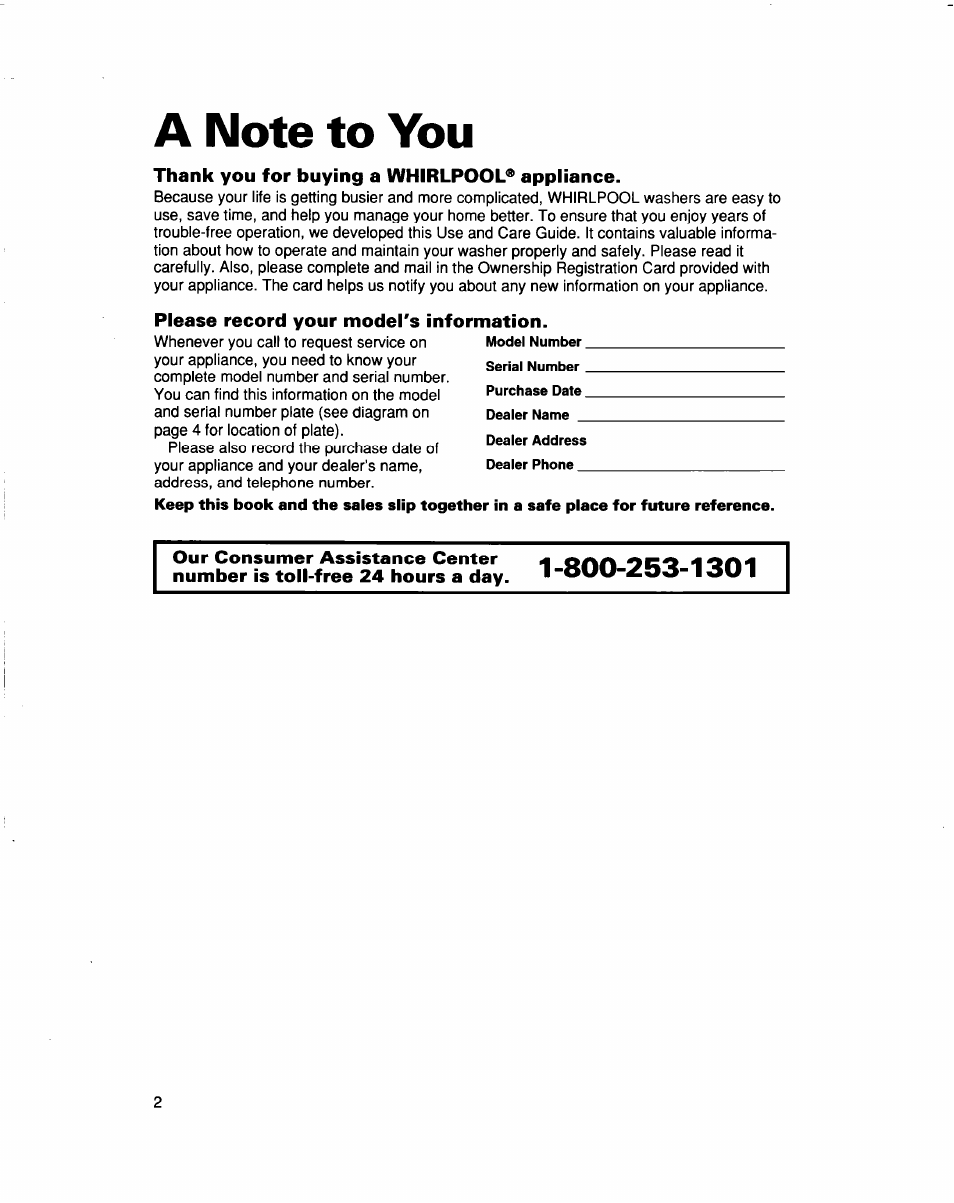 A note to you, Thank you for buying a whirlpool® appliance, Please record your model's information | Whirlpool LBR6133DQ0 User Manual | Page 2 / 22