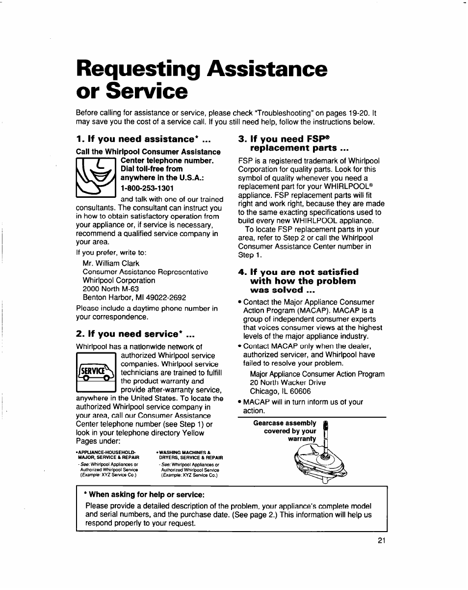 Requesting assistance or service, If you need assistance, If you need service | If you need fsp® replacement parts | Whirlpool LBR6133DQ0 User Manual | Page 21 / 22