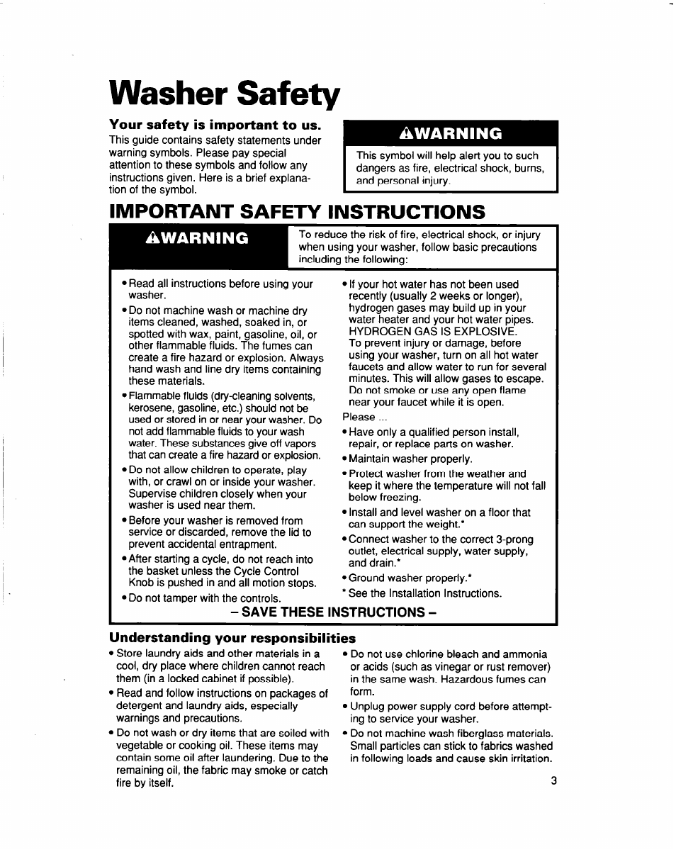 Washer safety, Your safety is important to us. i, Important safety instructions | Understanding your responsibilities, Important safety instructions awarning, Awarning | Whirlpool LBR6133DQ0 User Manual | Page 3 / 22