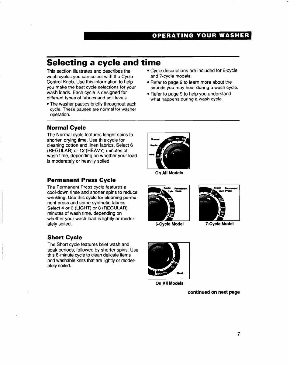 Selecting a cycle and time, Normal cycle, Permanent press cycle | Short cycle | Whirlpool LBR6133DQ0 User Manual | Page 7 / 22