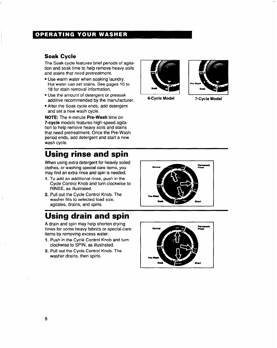 Soak cycle, Using rinse and spin, Using drain and spin | Whirlpool LBR6133DQ0 User Manual | Page 8 / 22