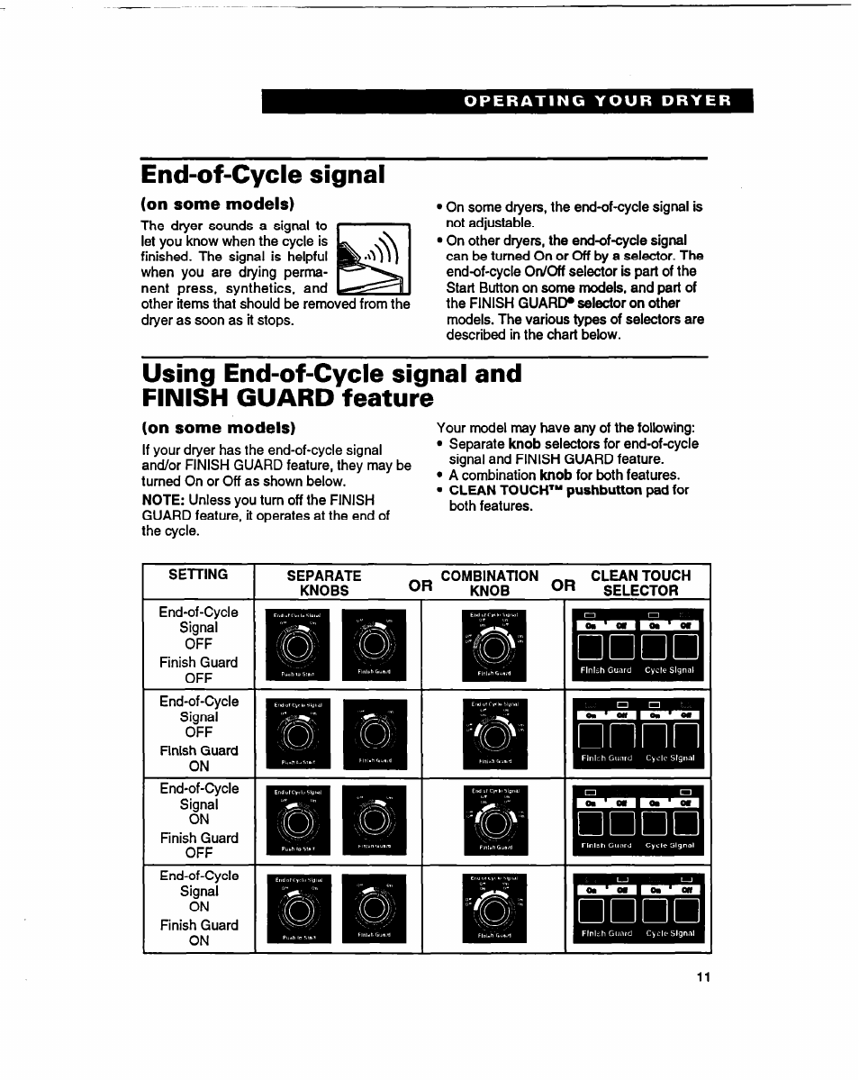 End-of-cycle signal, On some models), Using end-of-cycle signal and finish guard feature | Whirlpool 3401086 User Manual | Page 11 / 59