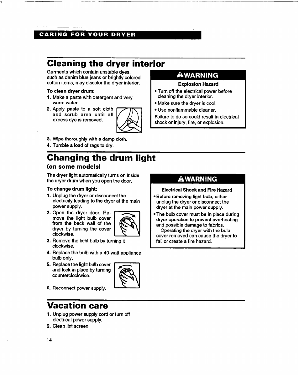 Cleaning the dryer interior, Changing the drum light, On some models) | Vacation care, Warning | Whirlpool 3401086 User Manual | Page 14 / 59