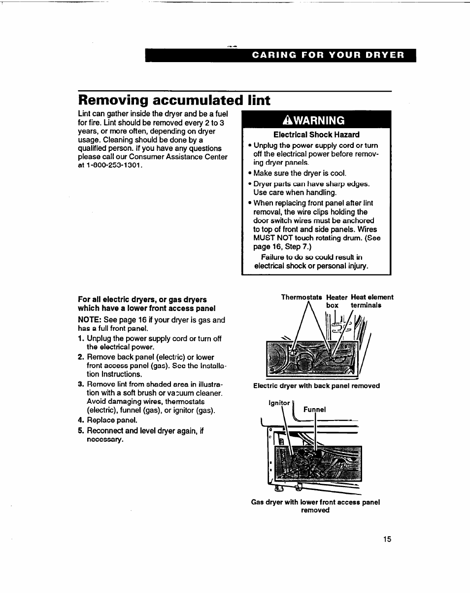 Removing accumulated lint, Warning | Whirlpool 3401086 User Manual | Page 15 / 59