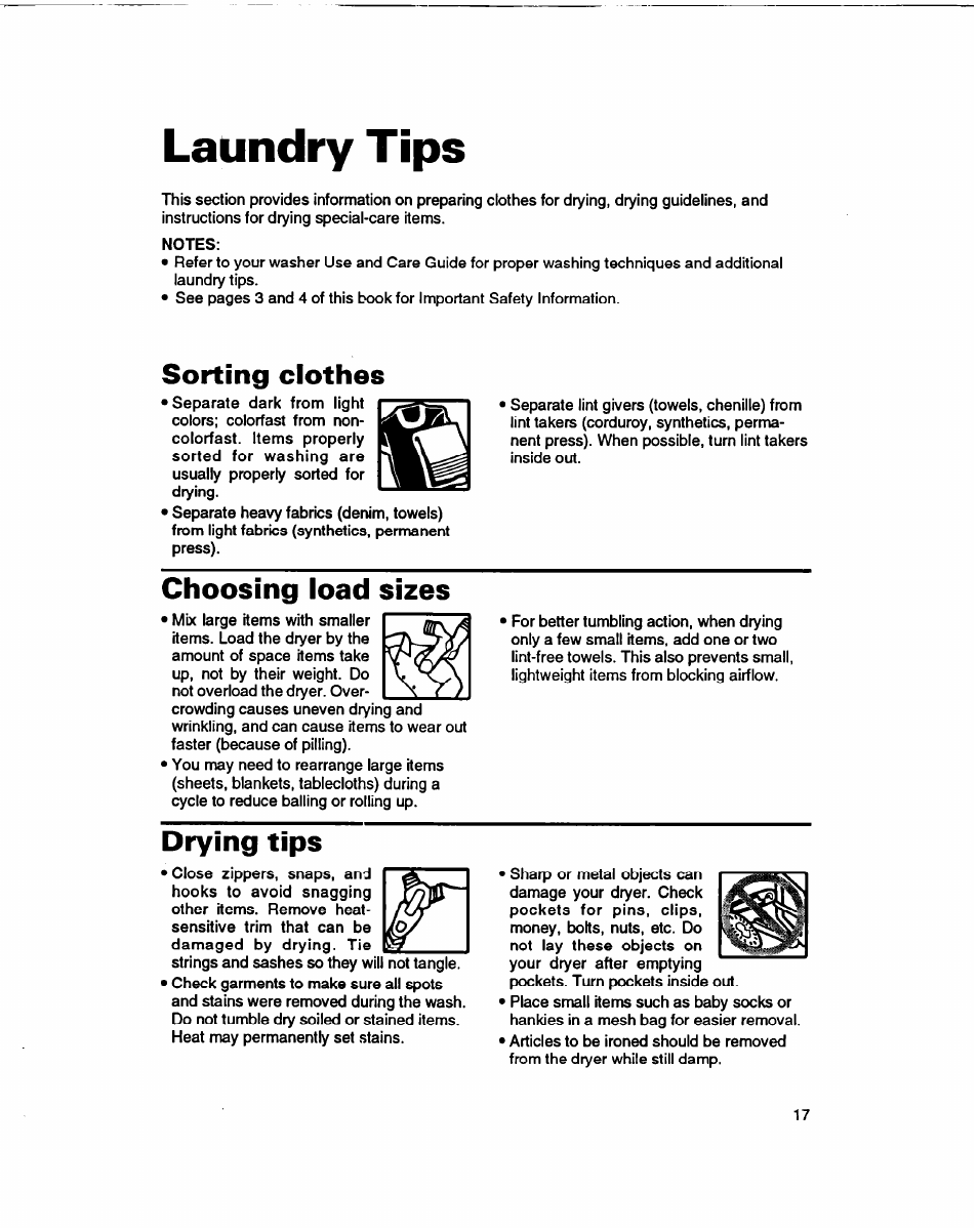 Laundry tips, Sorting clothes, Choosing load sizes | Drying tips, Laundry tips -20 | Whirlpool 3401086 User Manual | Page 17 / 59