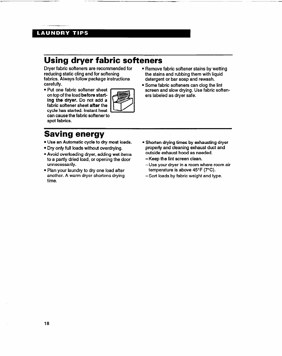 Using dryer fabric softeners, Saving energy | Whirlpool 3401086 User Manual | Page 18 / 59