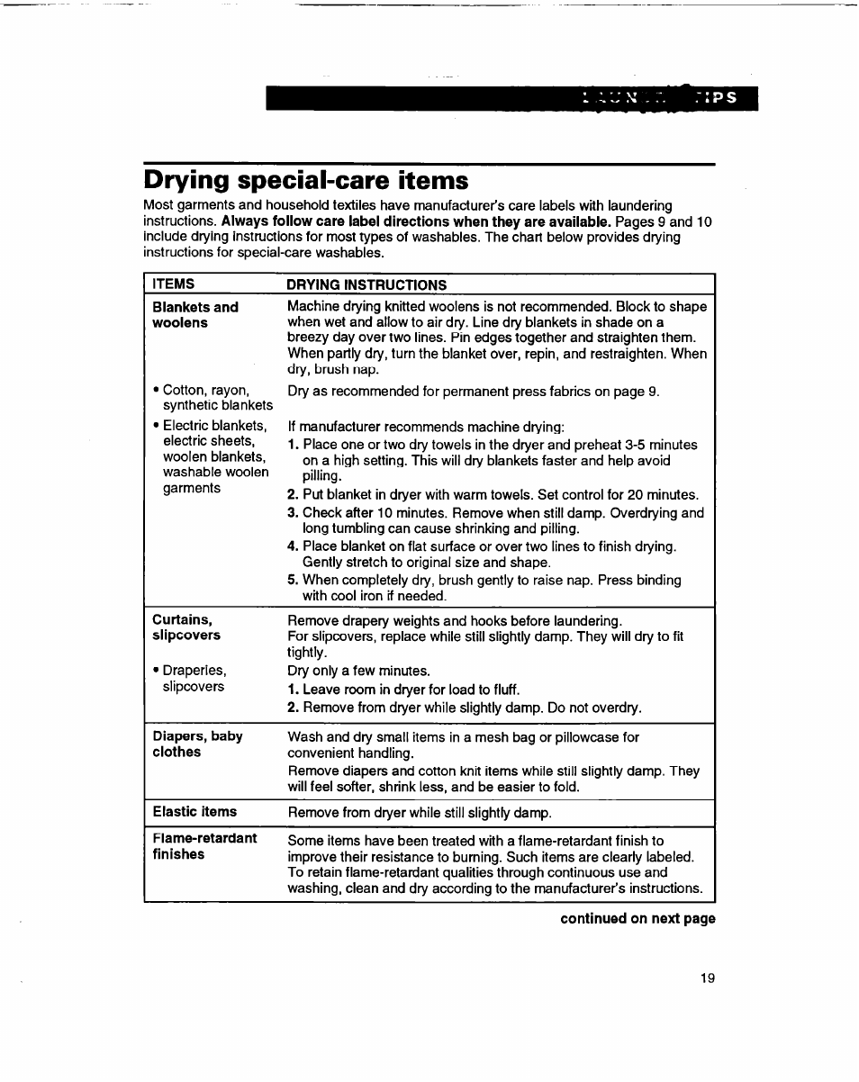 Drying special-care items | Whirlpool 3401086 User Manual | Page 19 / 59