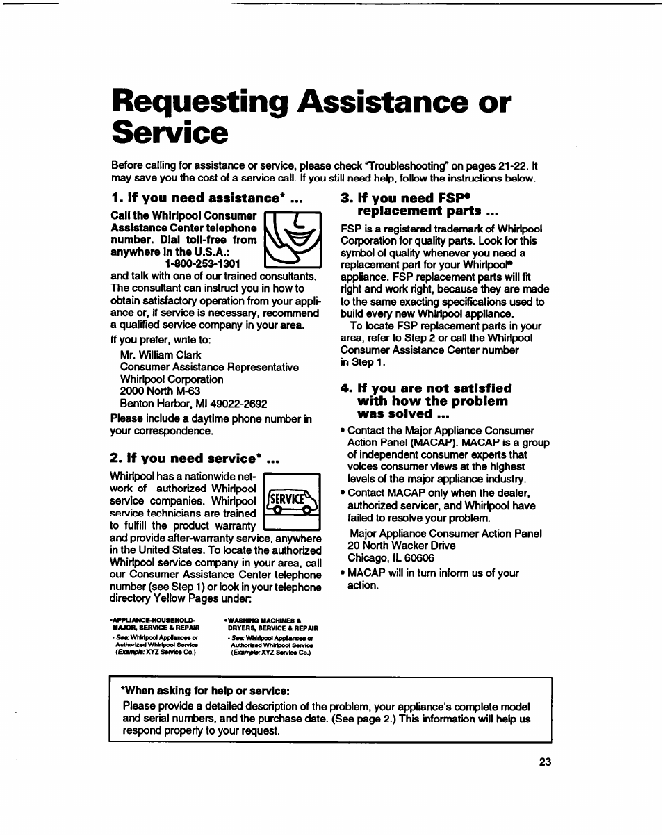 Requesting assistance or service, If you need assistance, If you need service | If you need fsp* replacement parts | Whirlpool 3401086 User Manual | Page 23 / 59