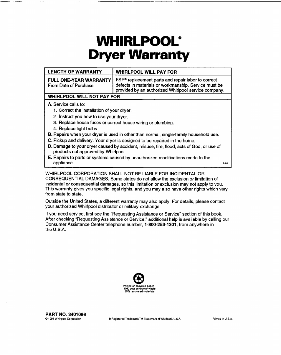 Whirlpool* dryer warranty | Whirlpool 3401086 User Manual | Page 24 / 59