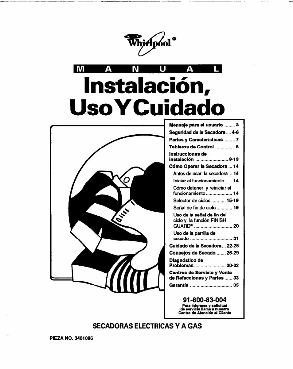 Instalación, uso y cuidado | Whirlpool 3401086 User Manual | Page 25 / 59