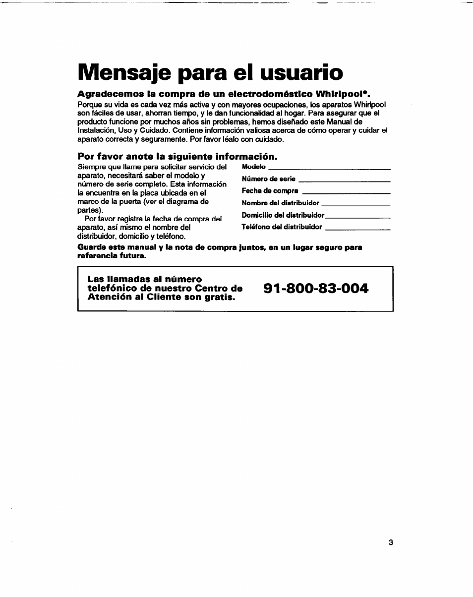 Mensaje para el usuario, Por favor anote la siguiente información | Whirlpool 3401086 User Manual | Page 27 / 59