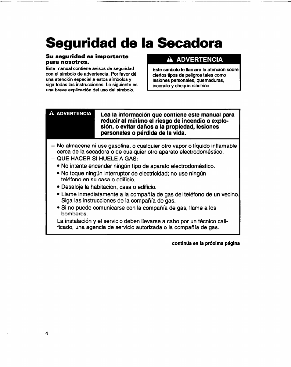 Seguridad de la secadora, Su seguridad es importante para nosotros | Whirlpool 3401086 User Manual | Page 28 / 59