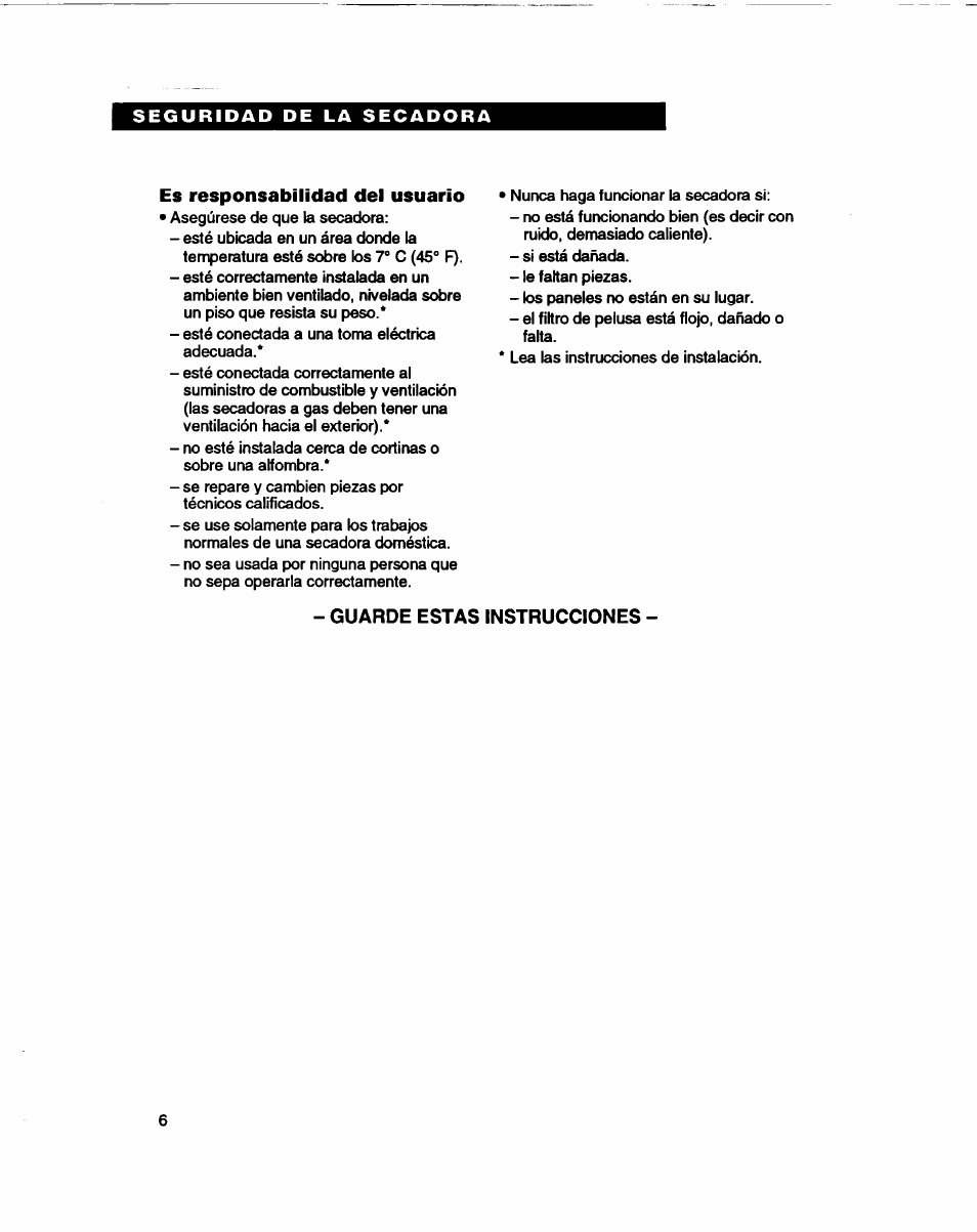 Es responsabilidad del usuario, Guarde estas instrucciones | Whirlpool 3401086 User Manual | Page 30 / 59