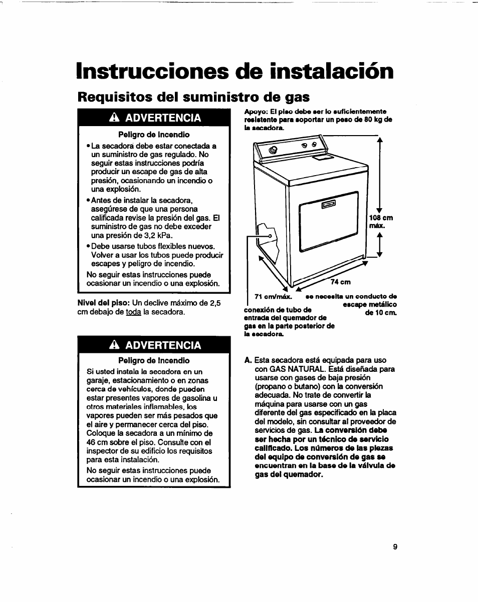 Instrucciones de instalación, Requisitos dei suministro de gas, Instrucciones de instalación -13 | Whirlpool 3401086 User Manual | Page 33 / 59