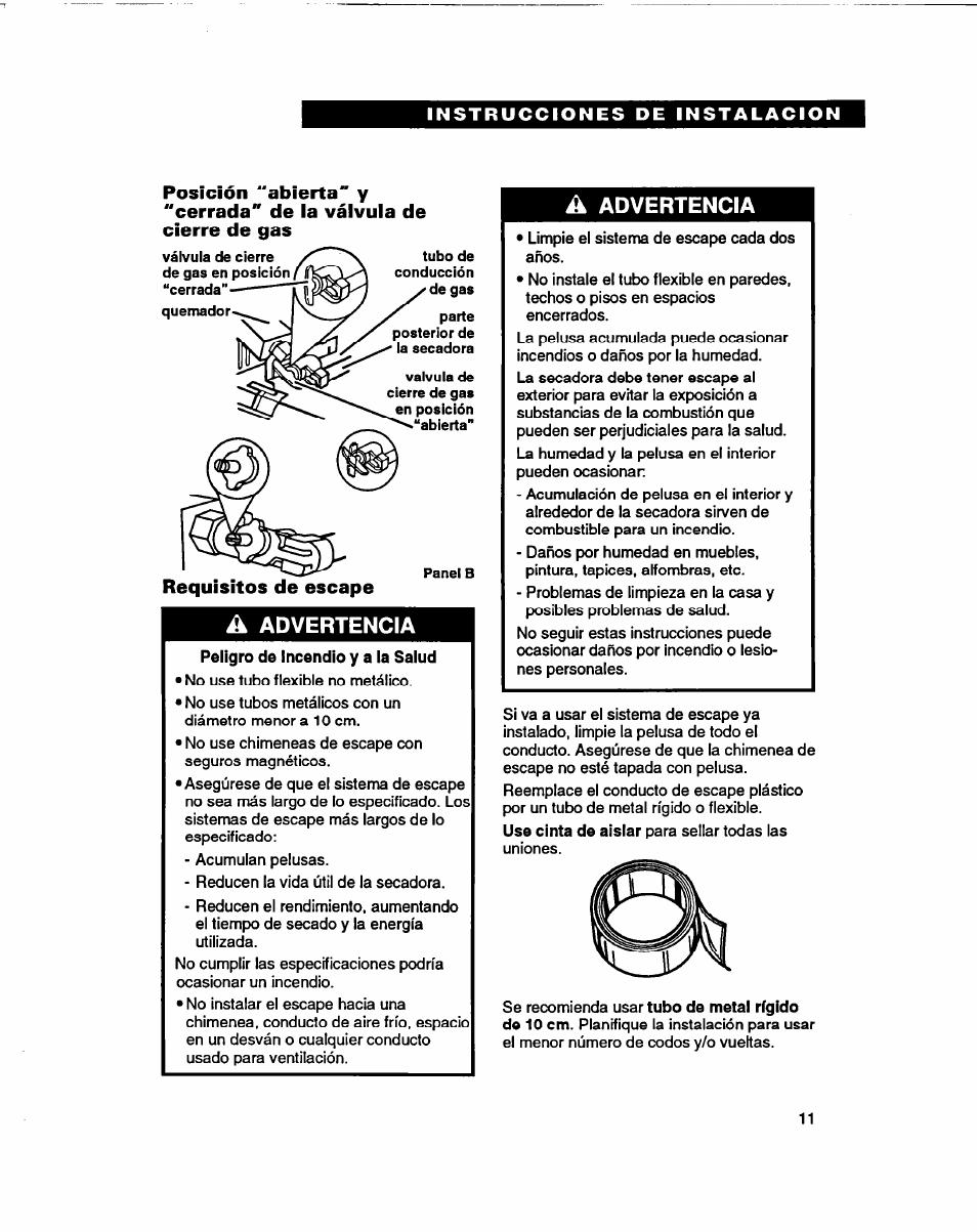 Requisitos de escape, Advertencia | Whirlpool 3401086 User Manual | Page 35 / 59