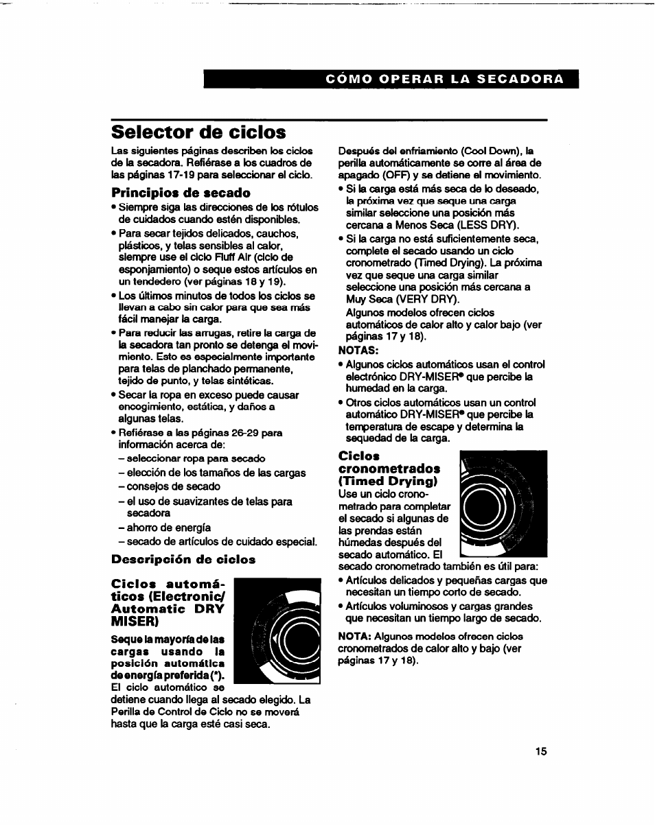 Selector de ciclos, Principios de secado, Descripción de ciclos | Ciclos automáticos (electronic, Automatic dry miser), Ciclos, Cronometrados (timed drying), Selector de ciclos -19 | Whirlpool 3401086 User Manual | Page 39 / 59