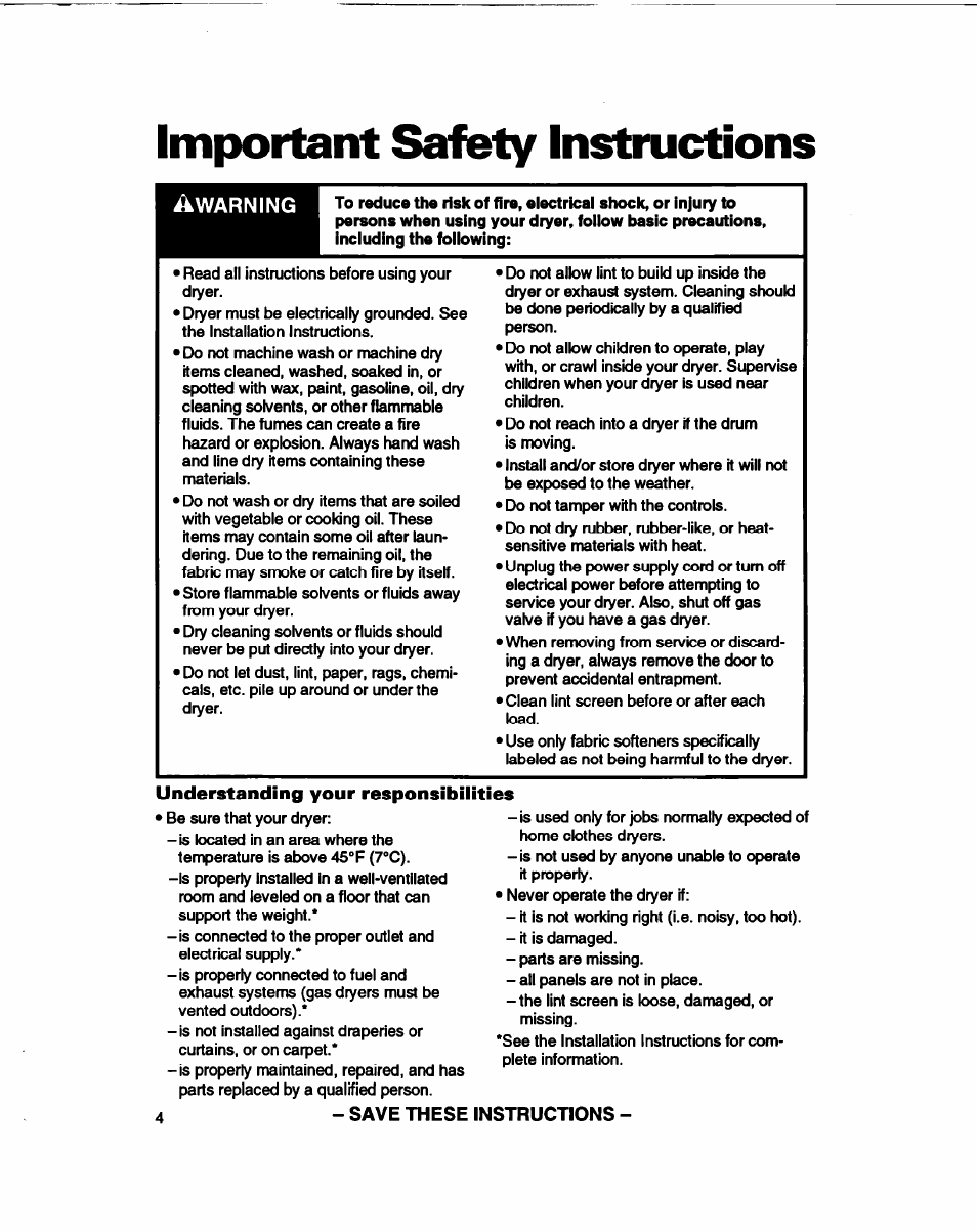 Impoitant safety instructions, Understanding your responsibilities, Save these instructions | Whirlpool 3401086 User Manual | Page 4 / 59