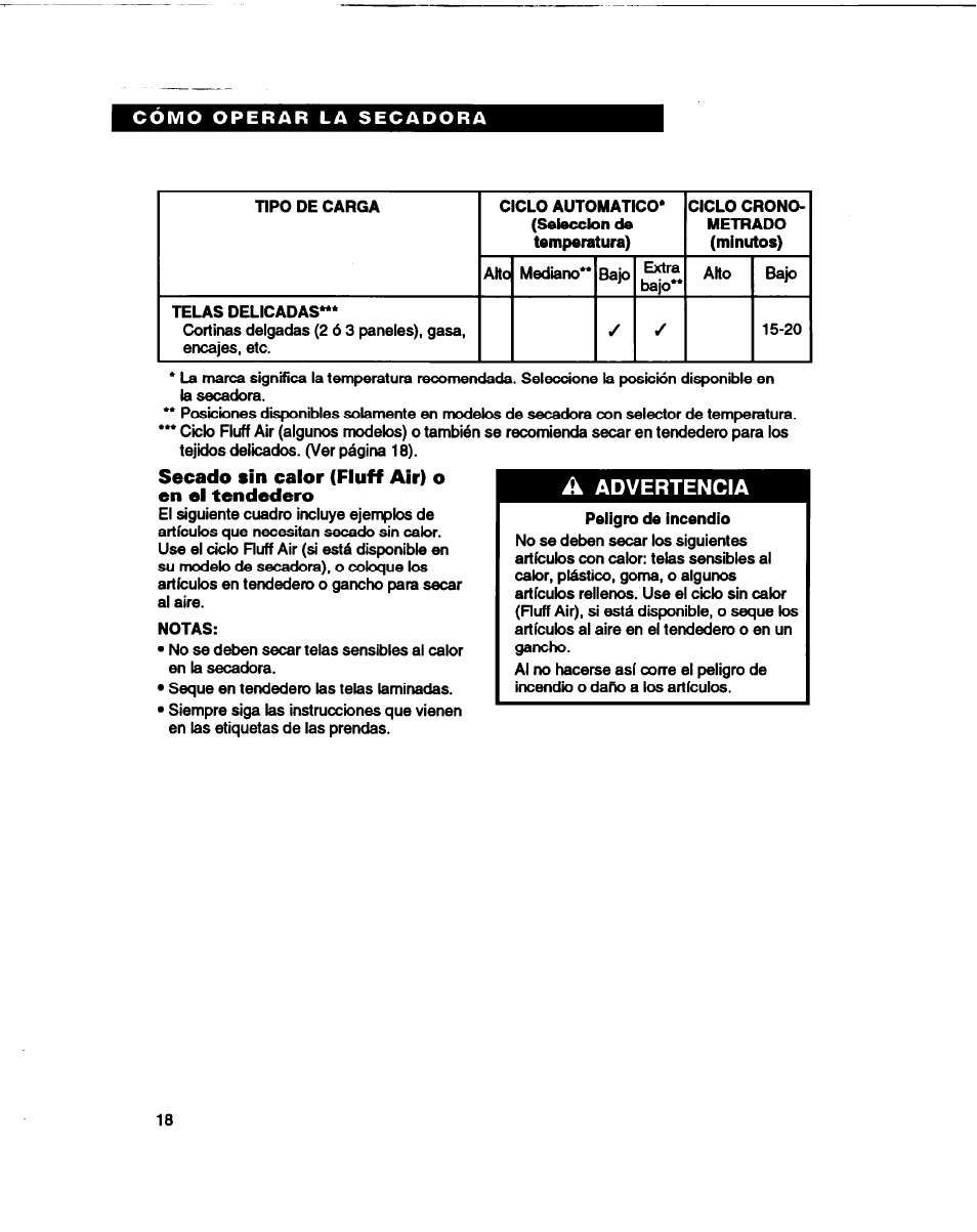 Secado sin calor (fluff air) o en el tendedero, Advertencia | Whirlpool 3401086 User Manual | Page 42 / 59
