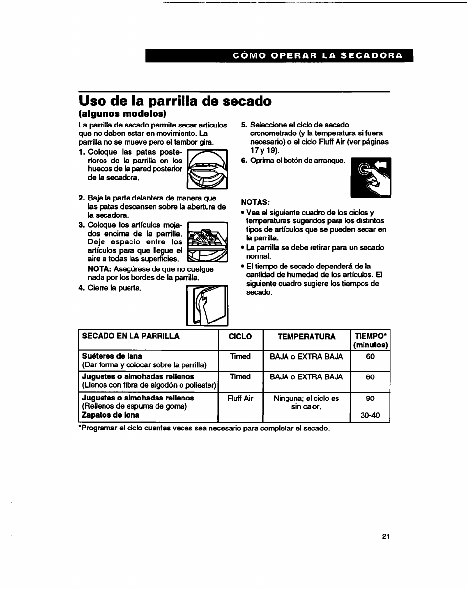 Uso de la parrilla de secado | Whirlpool 3401086 User Manual | Page 45 / 59