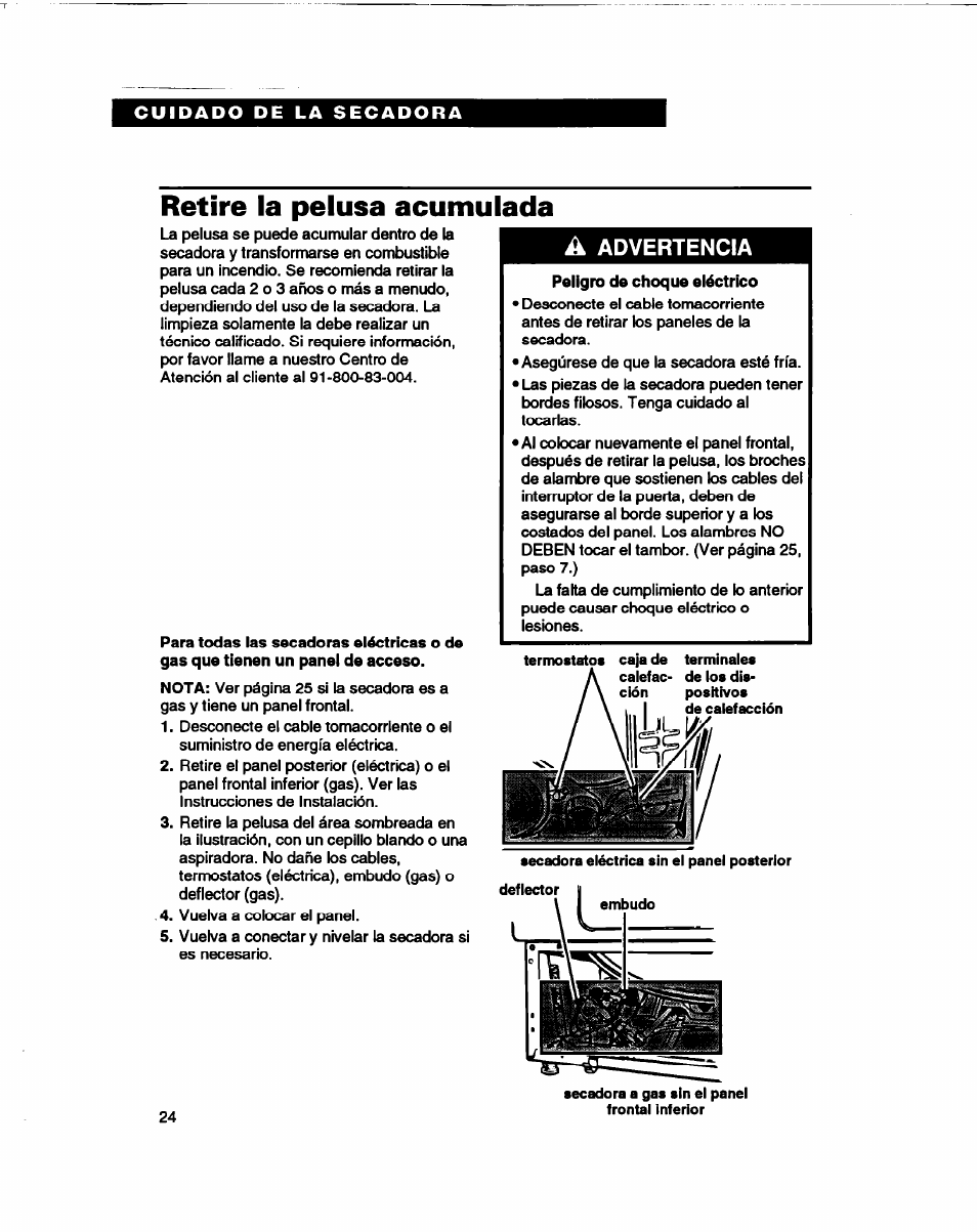 Retire la pelusa acumulada, A advertencia | Whirlpool 3401086 User Manual | Page 48 / 59