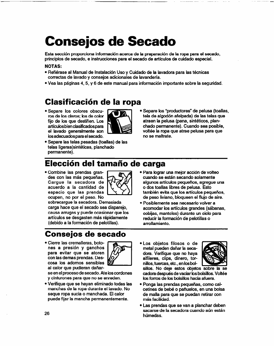 Consejos de secado, Clasificación de la ropa, Elección del tamaño de carga | Consejos de secado -29 | Whirlpool 3401086 User Manual | Page 50 / 59