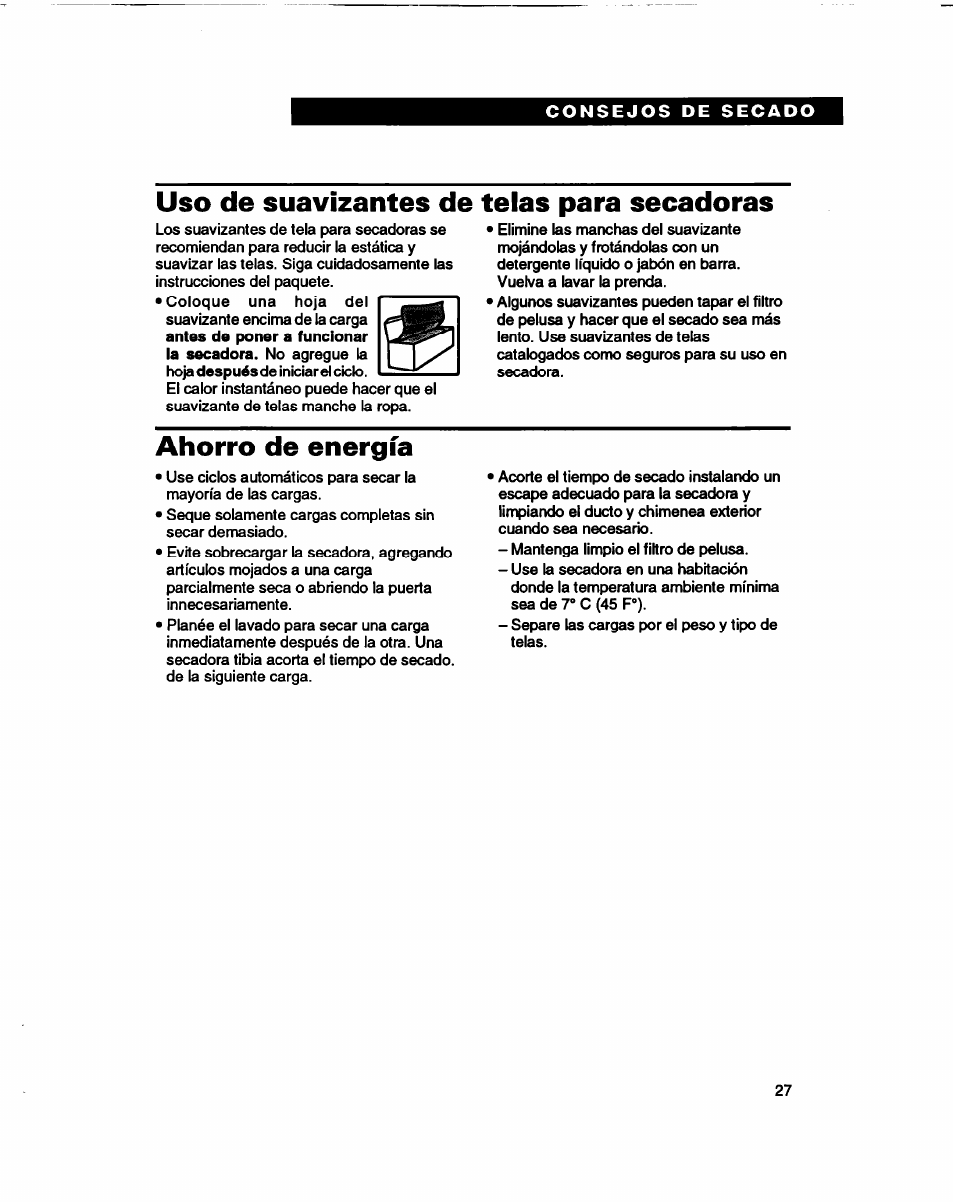 Uso de suavizantes de, Telas para secadoras, Ahorro de energía | Whirlpool 3401086 User Manual | Page 51 / 59