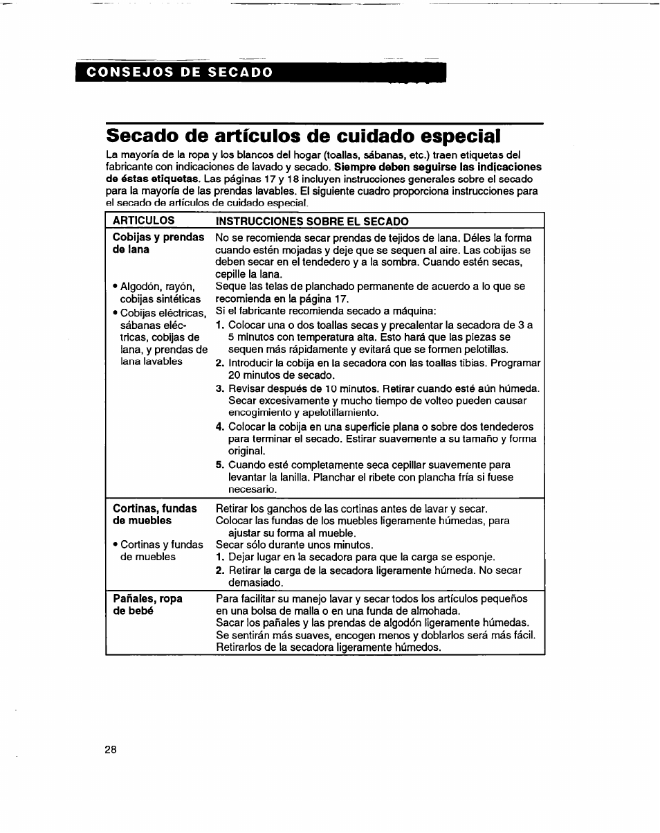 Secado de artículos de cuidado especial | Whirlpool 3401086 User Manual | Page 52 / 59