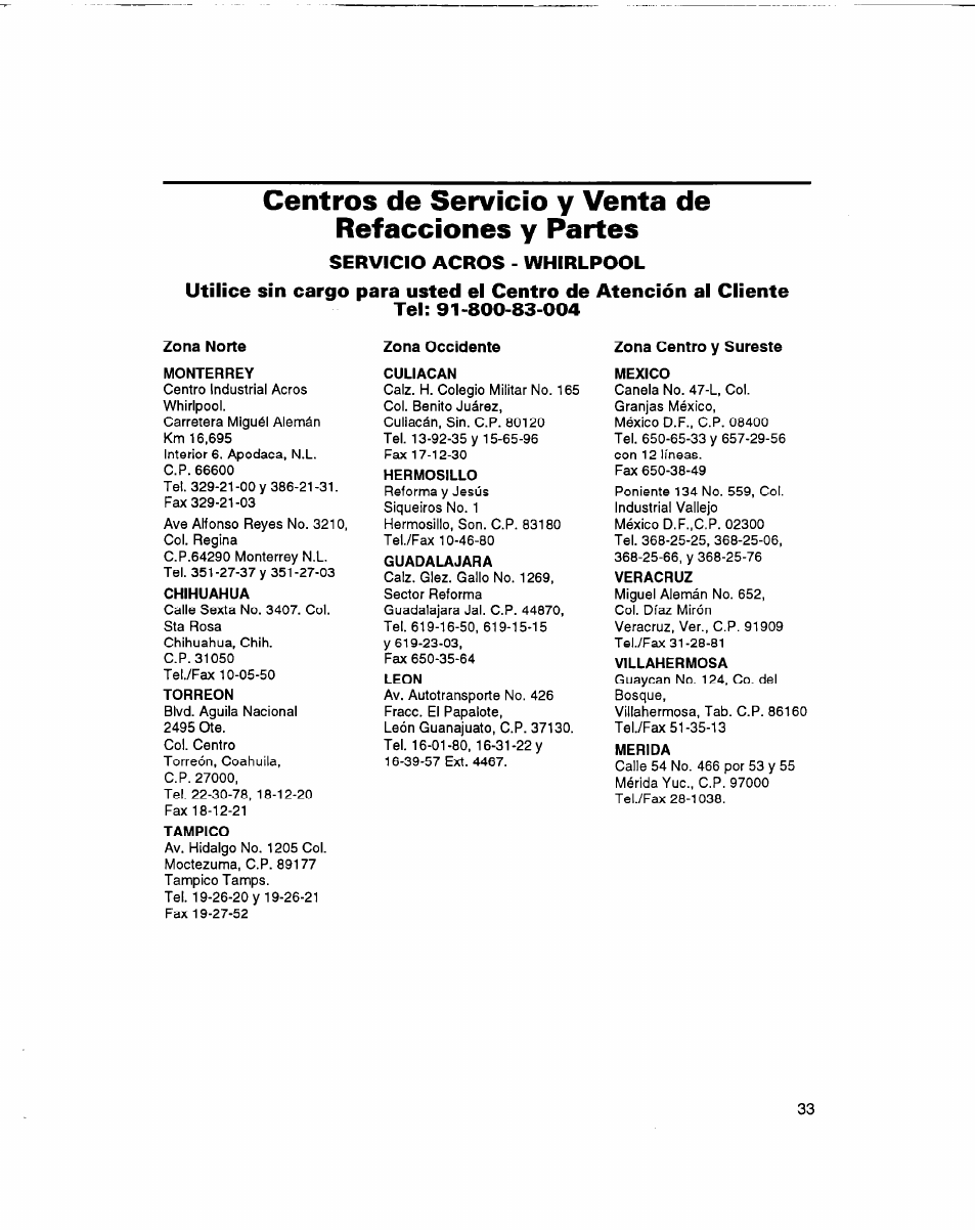 Servicio agros - whirlpool, Tei: 91 >800-83-004 | Whirlpool 3401086 User Manual | Page 57 / 59