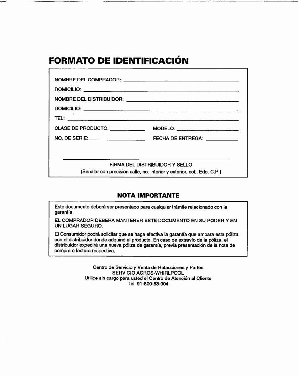 Formato de identificacion | Whirlpool 3401086 User Manual | Page 59 / 59