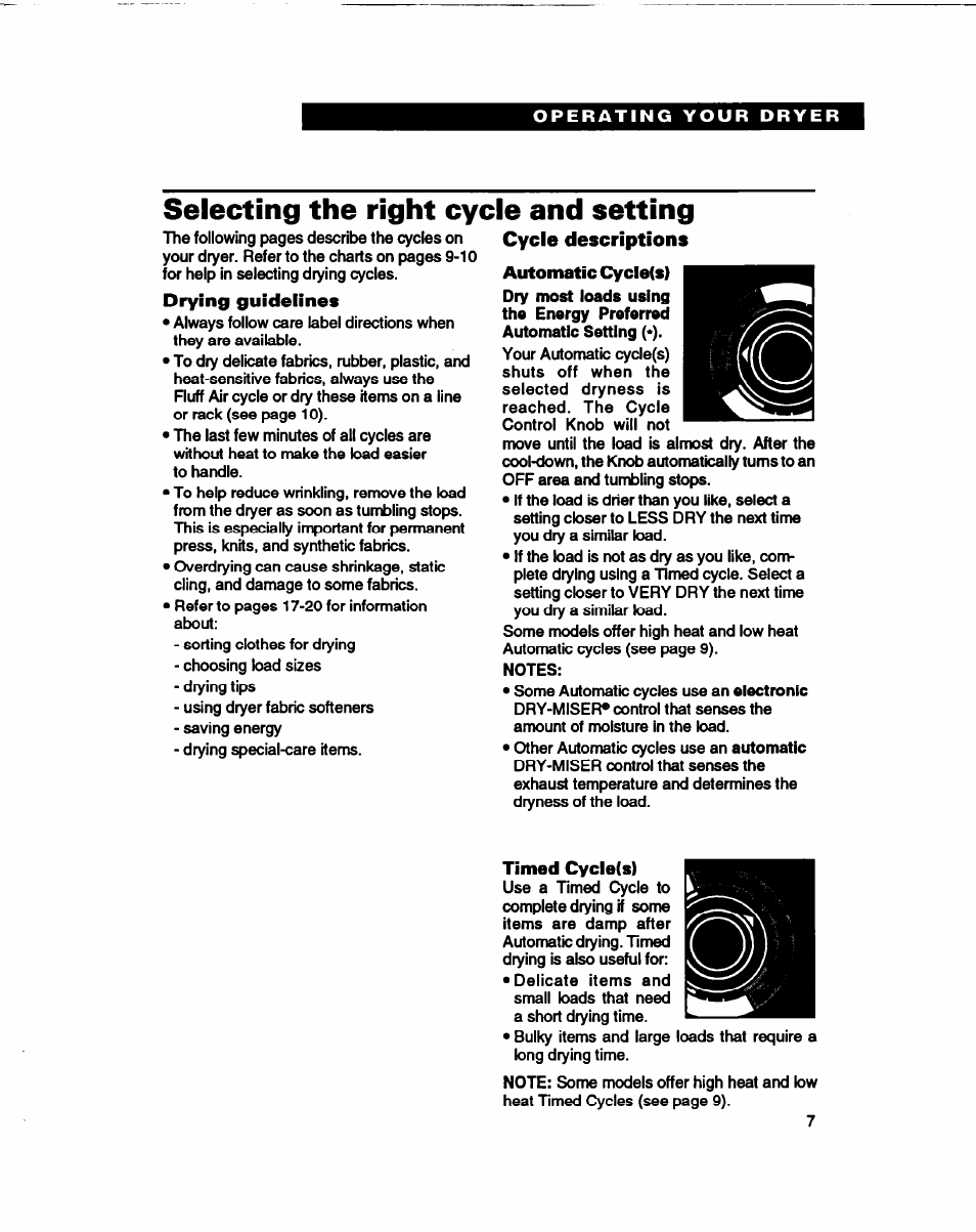 Automatic cycle(s), Timed cycle(s), Selecting the right cycle and setting | Whirlpool 3401086 User Manual | Page 7 / 59