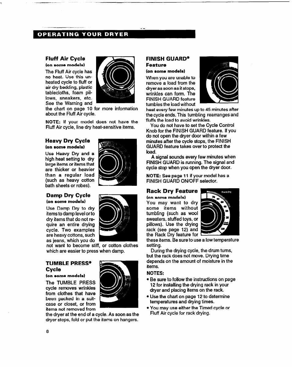 Fluff air cycle, Heavy dry cycle, Damp dry cycle | Tumble press* cycle, Finish guard, Feature, Rack dry feature | Whirlpool 3401086 User Manual | Page 8 / 59