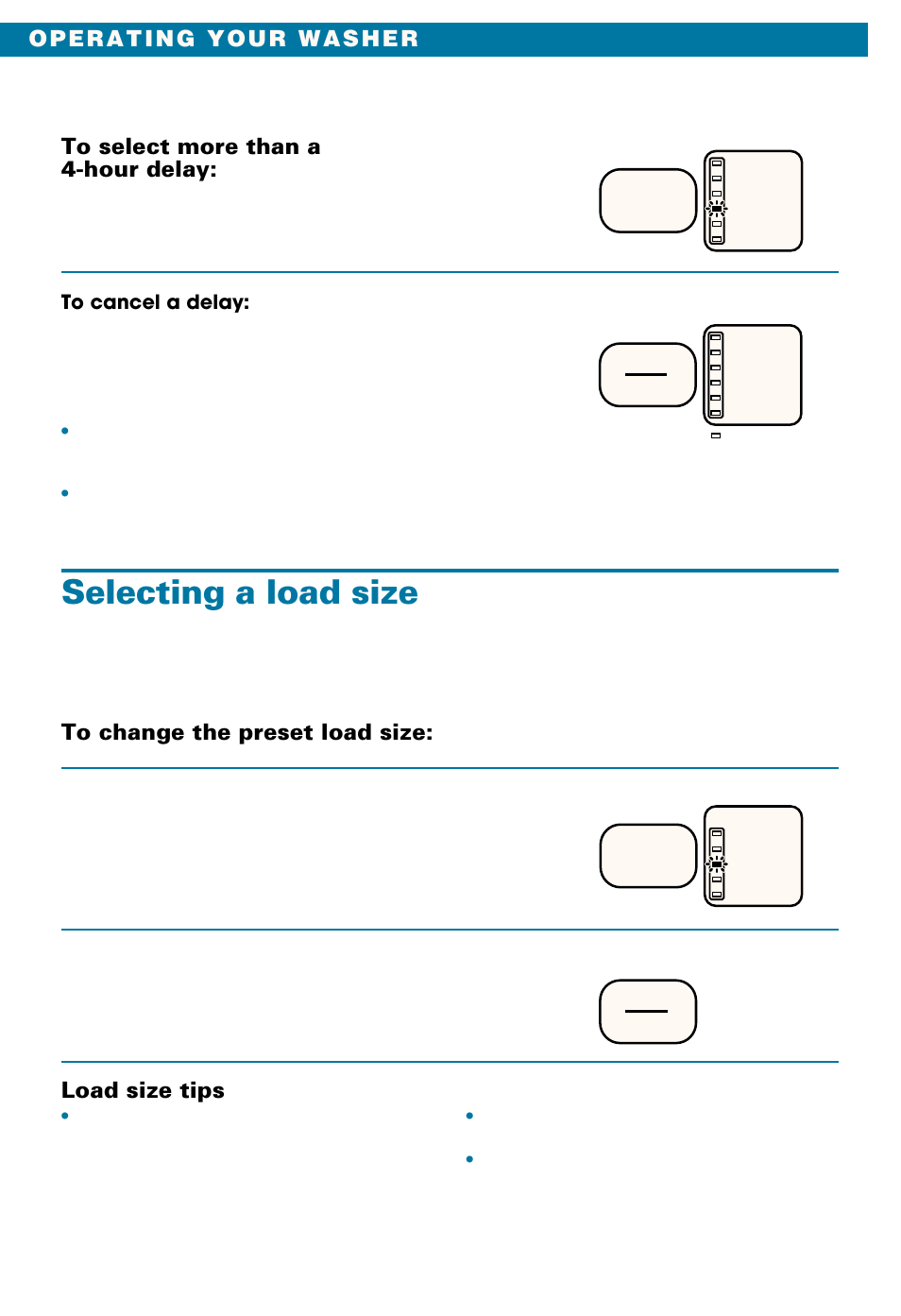 Selecting a load size, Select, Start delay | Whirlpool LSE9355BQ0 User Manual | Page 10 / 32