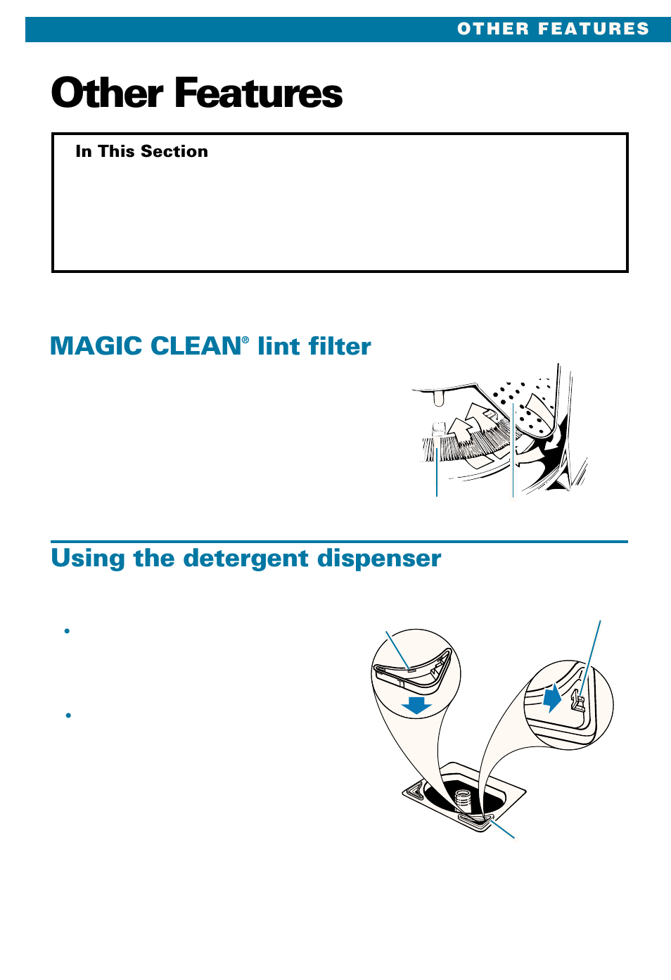 Other features, Magic clean lint filter, Using the detergent dispenser | Magic clean, Lint filter | Whirlpool LSE9355BQ0 User Manual | Page 17 / 32