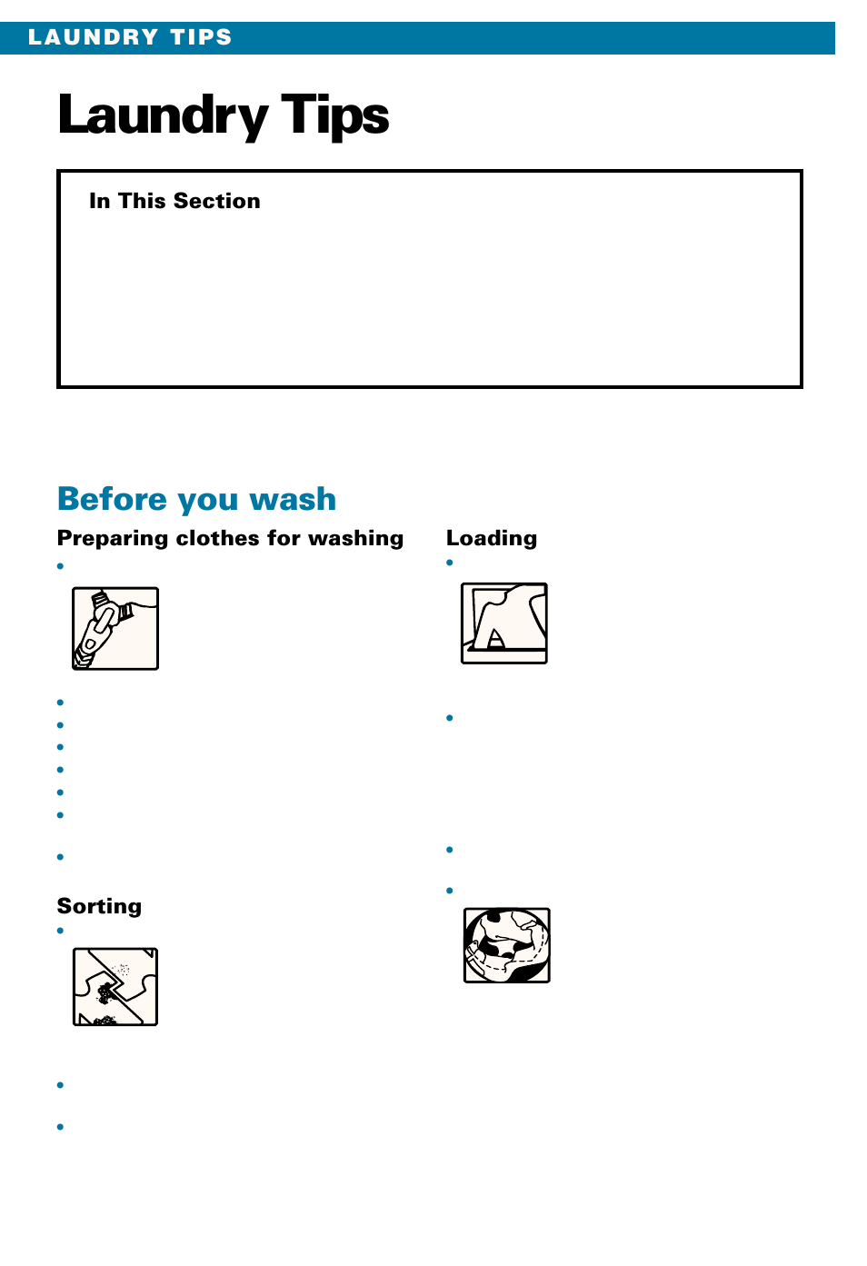 Laundry tips, Before you wash, Preparing clothes for washing | Sorting | Whirlpool LSE9355BQ0 User Manual | Page 20 / 32